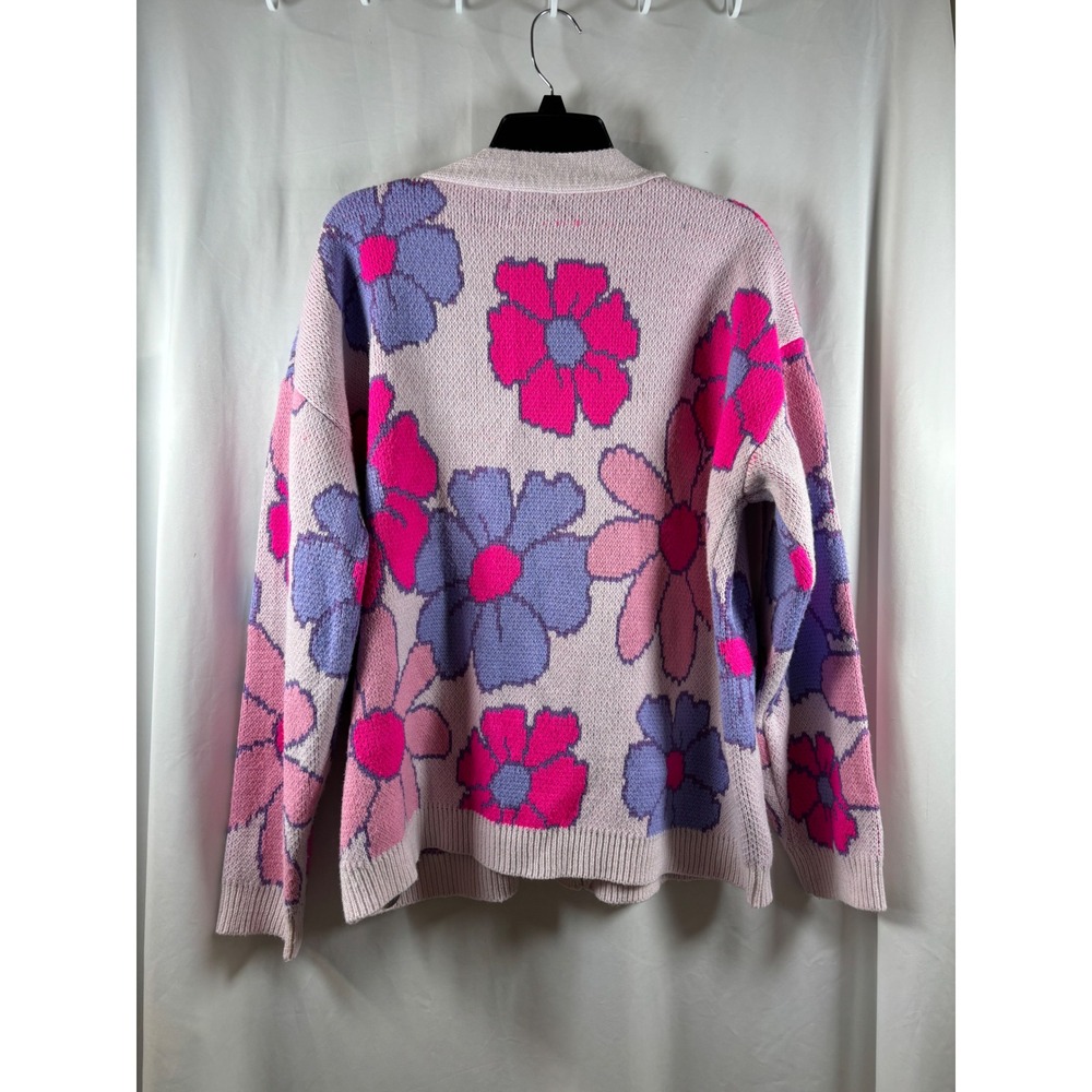 Pink Lily Floral Cardigan Sweater Pink Purple Daisy Oversized V-Neck Size L - Picture 3 of 3